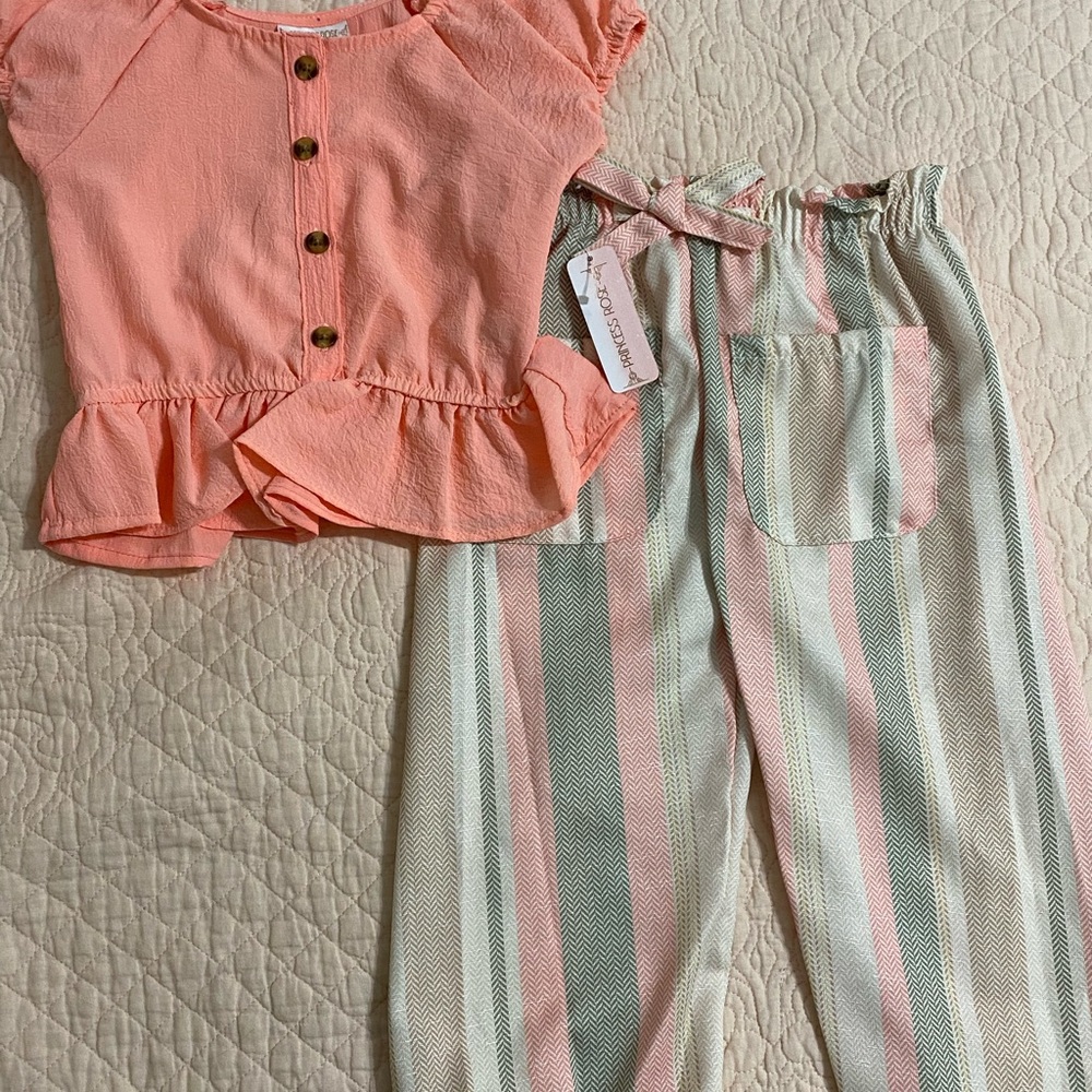 Coral Peplum Top & Pastel Stripe Pants Kids Matching Set